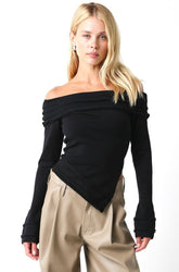 Andrea Black Off Shoulder Asymmetric Sweater Top