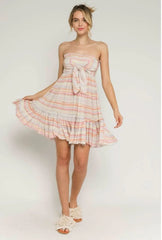 Canyon Sunset Blush Multi Stripe Strapless Mini Dress