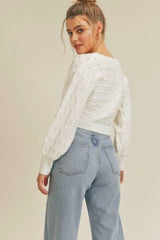 Lush White Pointelle Knit Cropped Cardigan Sweater