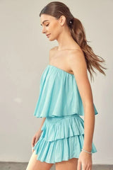 Monaco Milky Blue Strapless Ruffle Romper