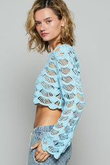 Janine Light Blue Long Sleeve Crochet Crop Top