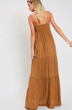 Falling In Love Tie Front Tiered Camel Maxi Dress