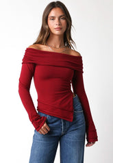 Andrea Red Off Shoulder Asymmetric Sweater Top
