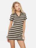 Zuria Collared V neck Mini Dress Brown Yellow Stripe