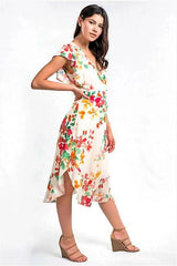 All In Bloom Cream Floral Print Midi Wrap Dress