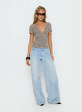 Madelon Short Sleeve Wrap Top Brown / Blue Stripe