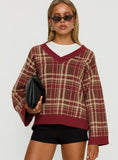 Sydda V Neck Knit Sweater Red Plaid