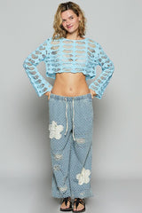 Janine Light Blue Long Sleeve Crochet Crop Top