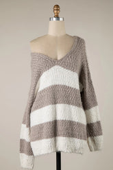 Gwyneth Mocha Striped V Neck Pullover
