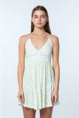 Boca Grande Lime and White Floral Halter Mini Dress