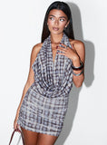 Devora Halter Plunge Mini Dress Blue Plaid Multi