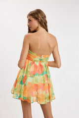 Colette Orange Tropical Print Strapless Babydoll Dress