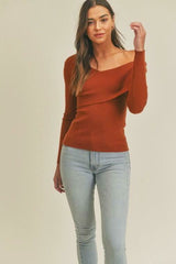 Lara Rust Ribbed Off The Shoulder Sweater Top