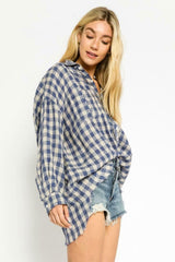 Taylor Blue Gingham Long Sleeve Button Up Top