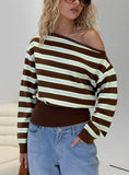 Zinia Off Shoulder Knit Sweater Brown Blue Stripe
