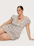Mystee Plunge Neck Playsuit Blue Check Curve