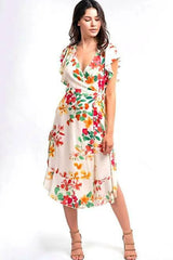All In Bloom Cream Floral Print Midi Wrap Dress