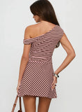 My Fun Off Shoulder Jersey Mini Dress Pink Brown Stripe