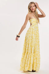 Brisa Yellow Tropical Floral Strapless Maxi Dress