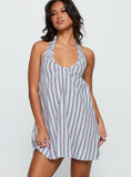 Daydreams Linen Blend Halter Mini Dress Blue Maroon Stripe