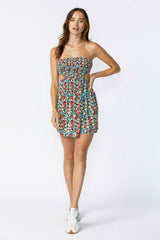Ambrosia Blue and Red Floral Print Strapless Mini Dress