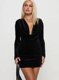Compulsion Long Sleeve Plunge Velvet Mini Dress Black