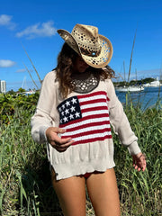 Land of Free Beige Oversized American Flag Sweater
