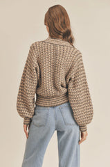 Dimitra Taupe Multi Knit Puff Sleeve Cardigan