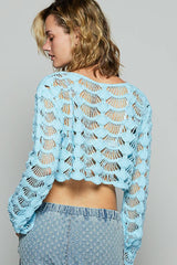 Janine Light Blue Long Sleeve Crochet Crop Top