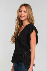 Once Again Black Eyelet Ruffle Sleeve Wrap Top