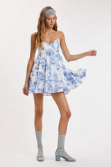 Allie White and Blue Print Babydoll Mini Dress