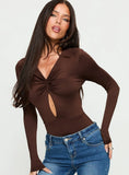 Vennie Twist Front Long Sleeve Bodysuit Brown