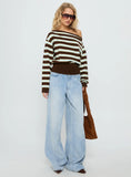 Zinia Off Shoulder Knit Sweater Brown Blue Stripe