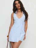 Kaiah Ruched Halter Mini Dress Blue Stripe
