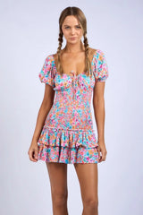 Mimi Aqua Pink Floral Puff Sleeve Mini Dress