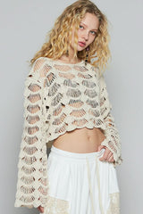 Janine Beige Long Sleeve Crochet Crop Top