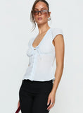 Kalysa Ruffle Short Sleeve Blouse Top Blue Stripe