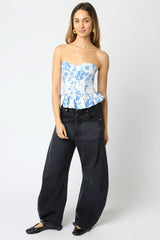 Sutton White and Blue Floral Bustier Top