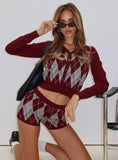 Raiven Knit Cardigan Burgundy Argyle