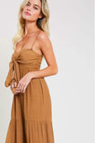 Falling In Love Tie Front Tiered Camel Maxi Dress