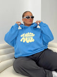 Princess Polly Hooded Sweatshirt Bubble Text Blue Yellow Curve