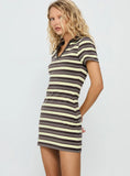 Zuria Collared V neck Mini Dress Brown Yellow Stripe