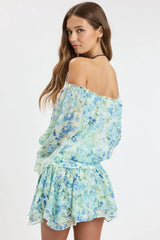 Pixie Blue Watercolor Floral Off The Shoulder Romper Dress
