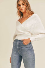 Natasha White Ribbed Surplice Cropped Sweater
