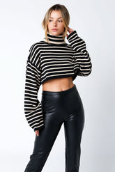Marla Black Natural Striped Cropped Turtleneck Sweater