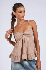 Gracie Brown Gingham Babydoll Twist Top
