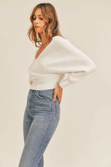 Natasha White Ribbed Surplice Cropped Sweater