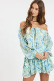 Pixie Blue Watercolor Floral Off The Shoulder Romper Dress