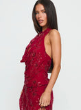 Twilight Zone Beaded Cowl Neck Top Red