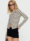 Marvella Button Up Long sleeve Top Dark Grey Cream Stripe
